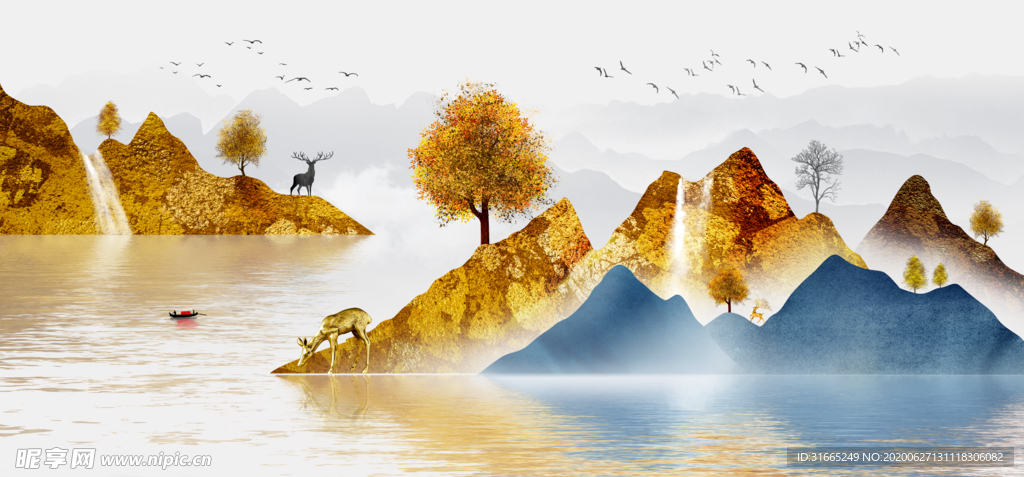 横幅装饰画 抽象山水麋鹿