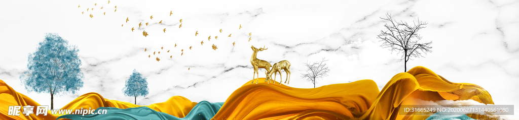 横幅装饰画 抽象山水麋鹿