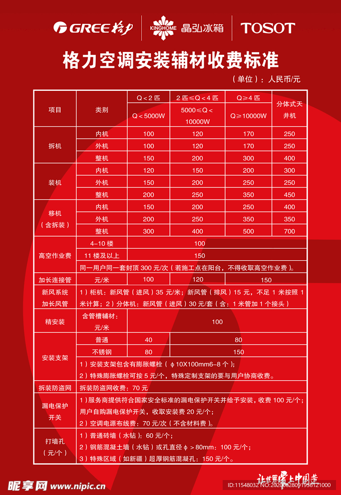 格力空调安装辅材收费标准