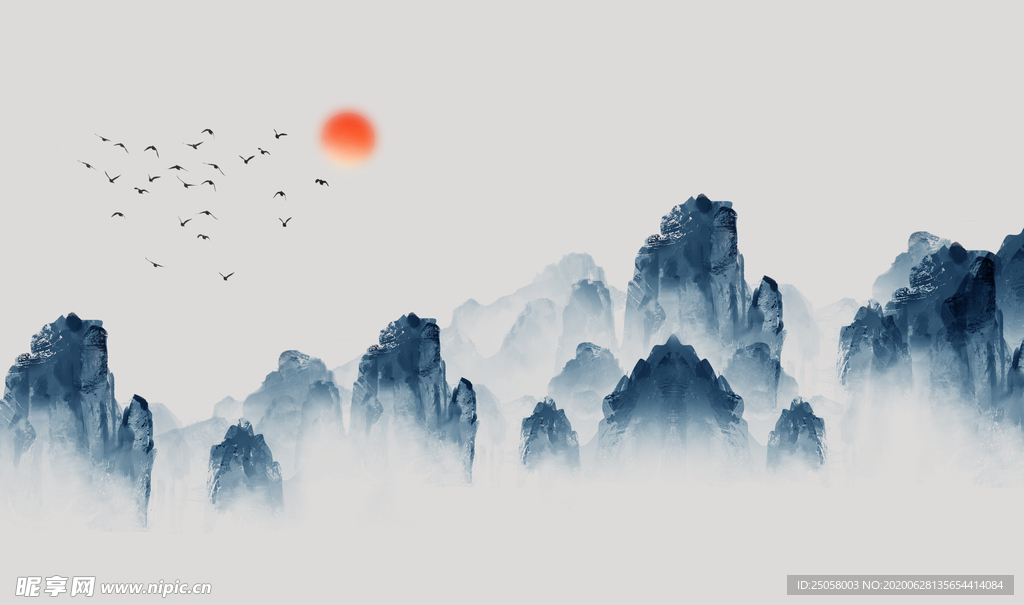 蓝色抽象山水壁画沙发背景墙