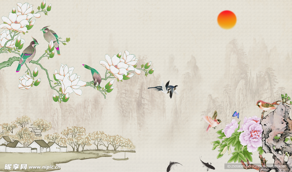 山水画玉兰花客厅沙发背景墙