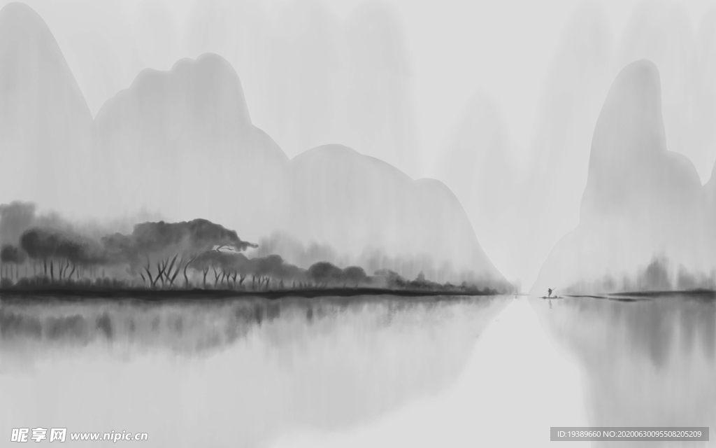 水墨山水屏风倒影