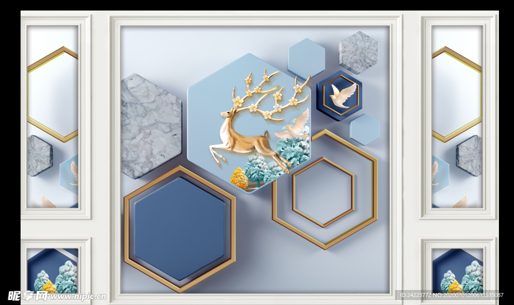 3D立体几何小鹿自带边框背景墙