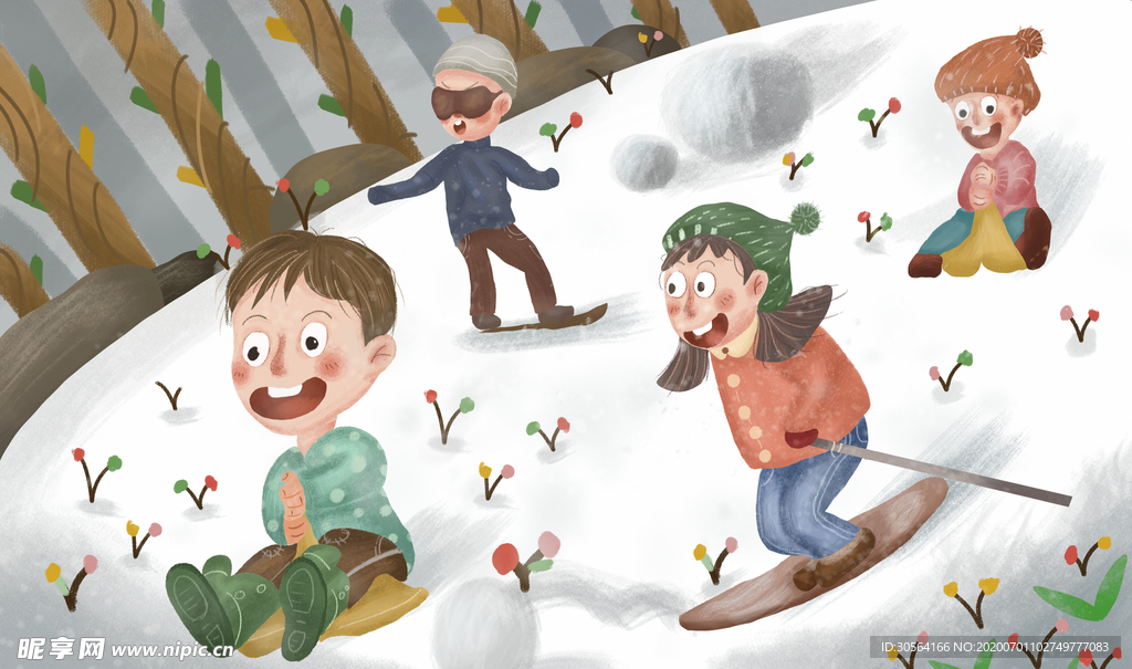 冬季滑雪清新卡通插画背景素材