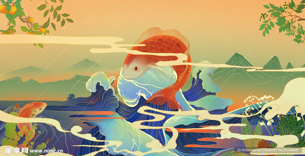 浮世绘锦鲤传统插画卡通背景素材