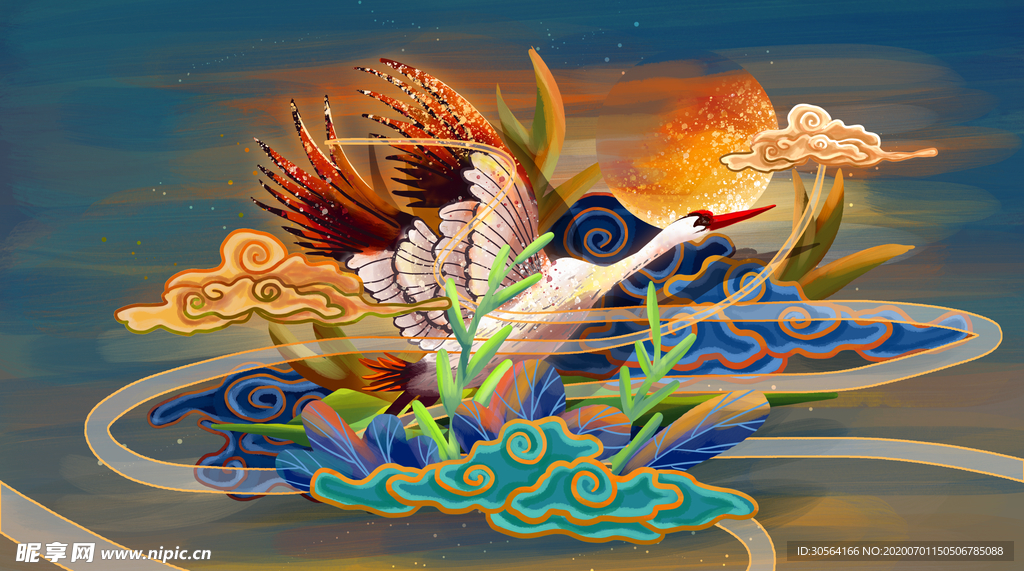 仙鹤国风传统插画卡通背景素材