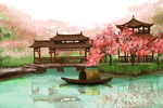 小镇山水传统插画卡通背景素材