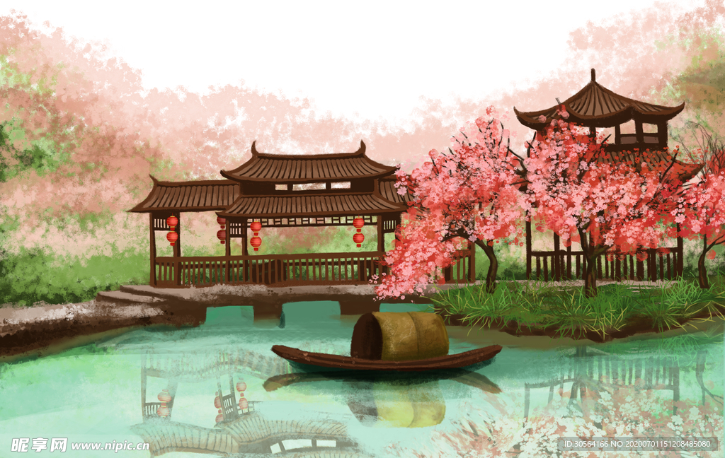 小镇山水传统插画卡通背景素材