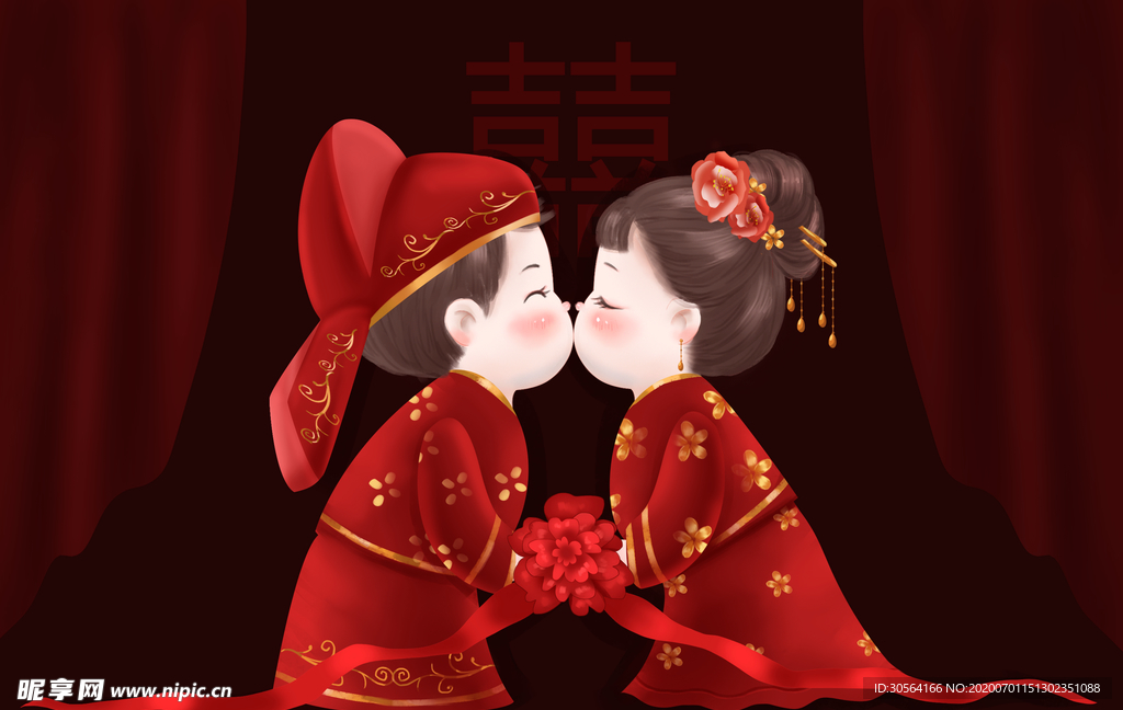 婚礼国风插画卡通背景素材