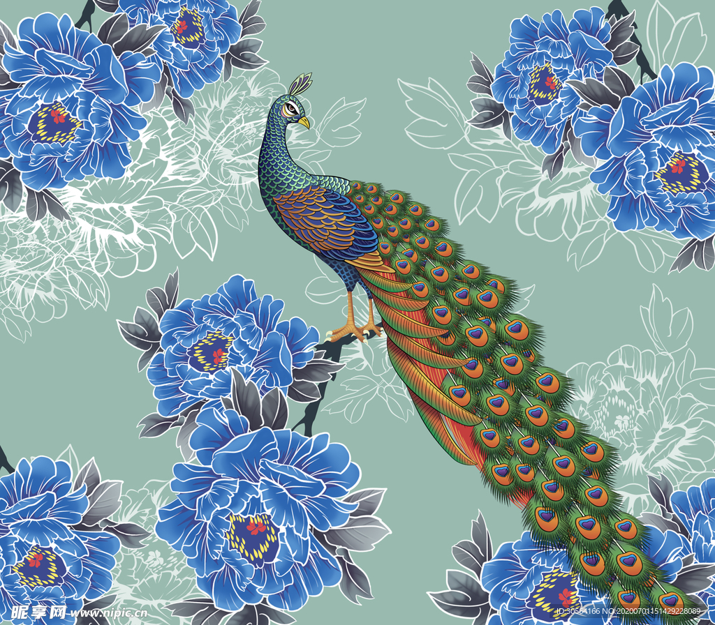 孔雀国风插画卡通背景素材