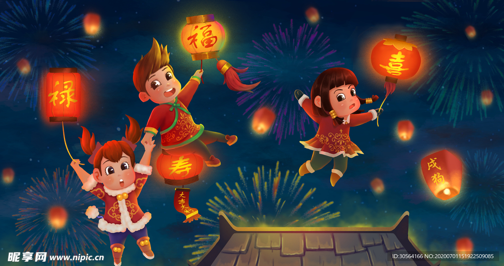 新年灯笼传统插画卡通背景素材