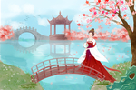 女性国风传统插画卡通背景素材