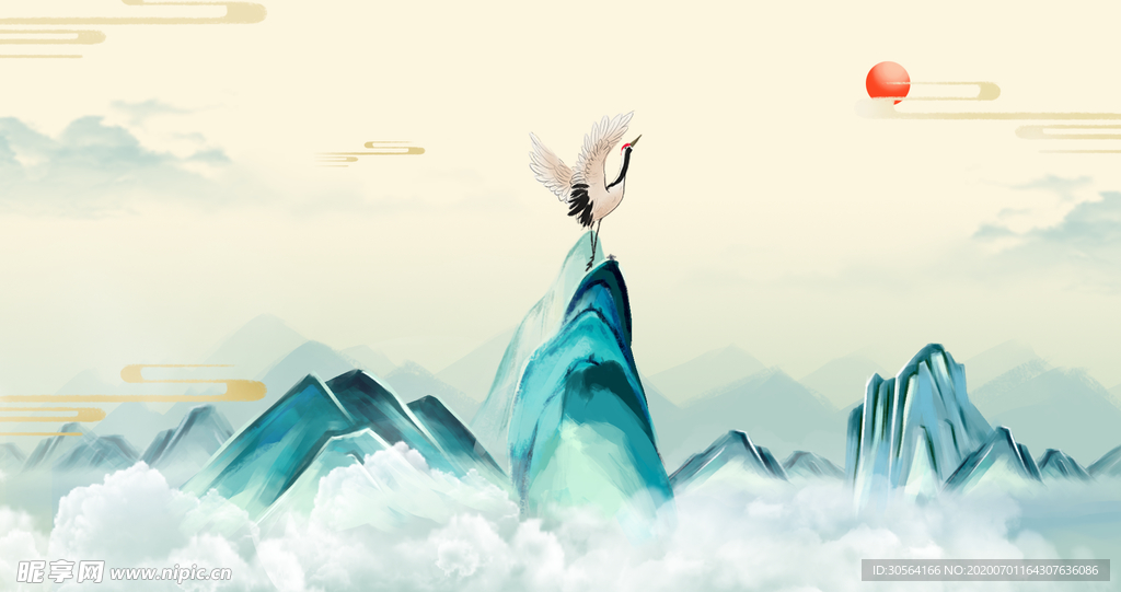 山水国风传统插画卡通背景素材