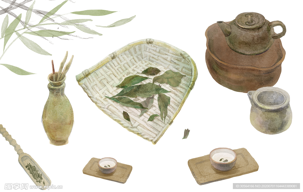 茶叶国风插画卡通背景素材