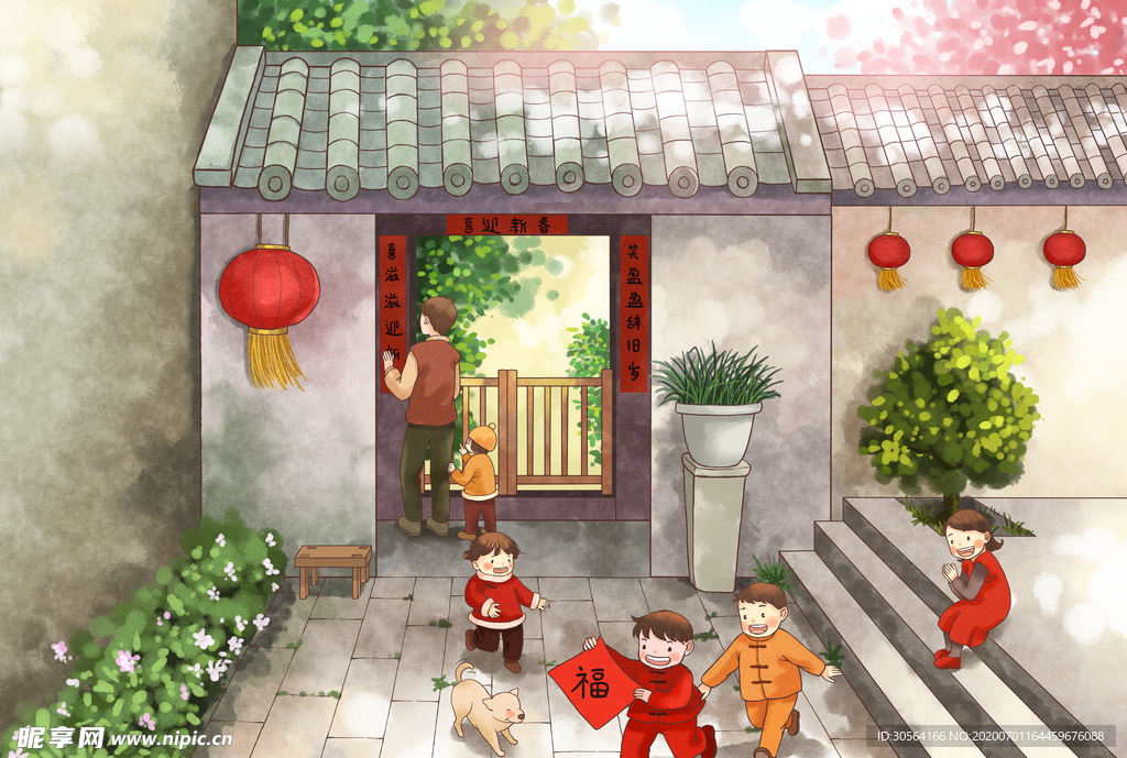 新年国风插画卡通背景素材
