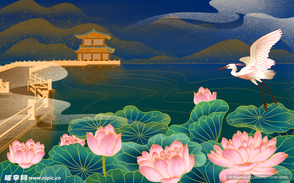 荷花夏季清新插画卡通背景素材