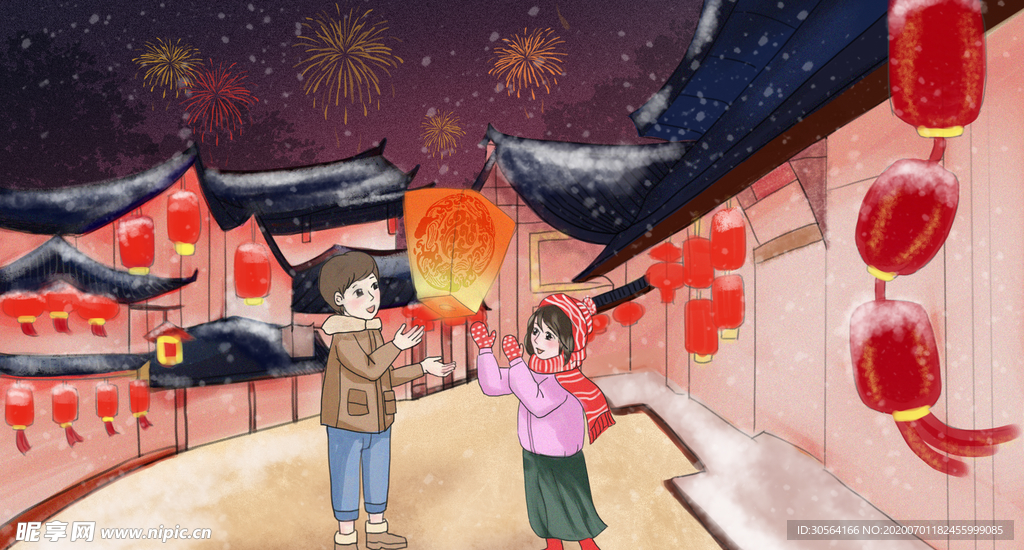 新年过节灯笼女孩插画卡通背景