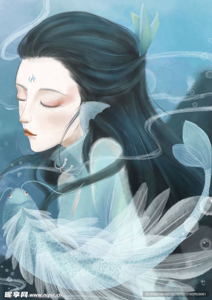 少女山海经传统插画卡通背景素材