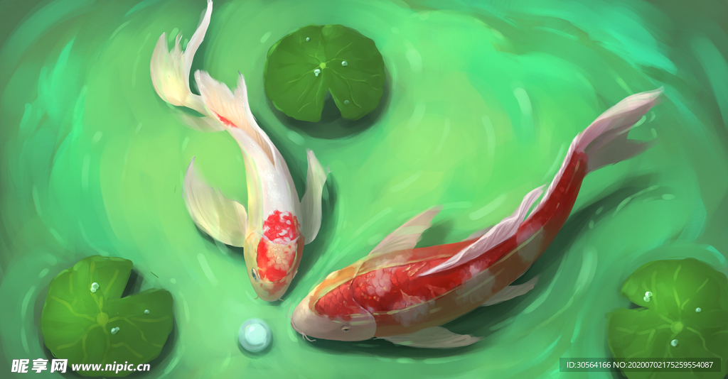 锦鲤插画卡通绿色清新背景素材