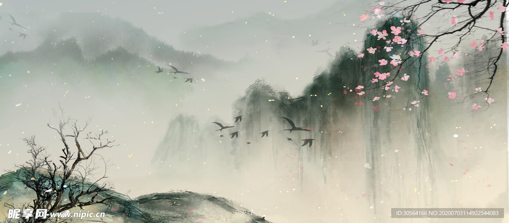 山水国风传统插画卡通背景素材