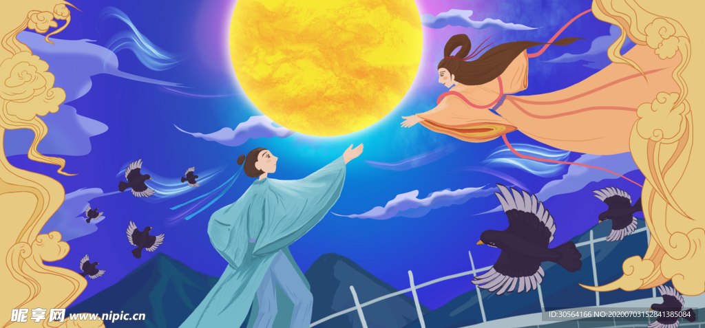 七夕牛郎织女插画卡通背景素材