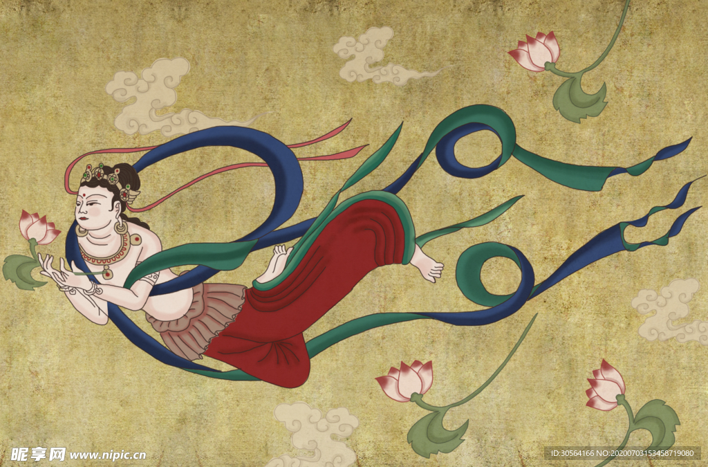 敦煌壁画仙女插画卡通复古背景