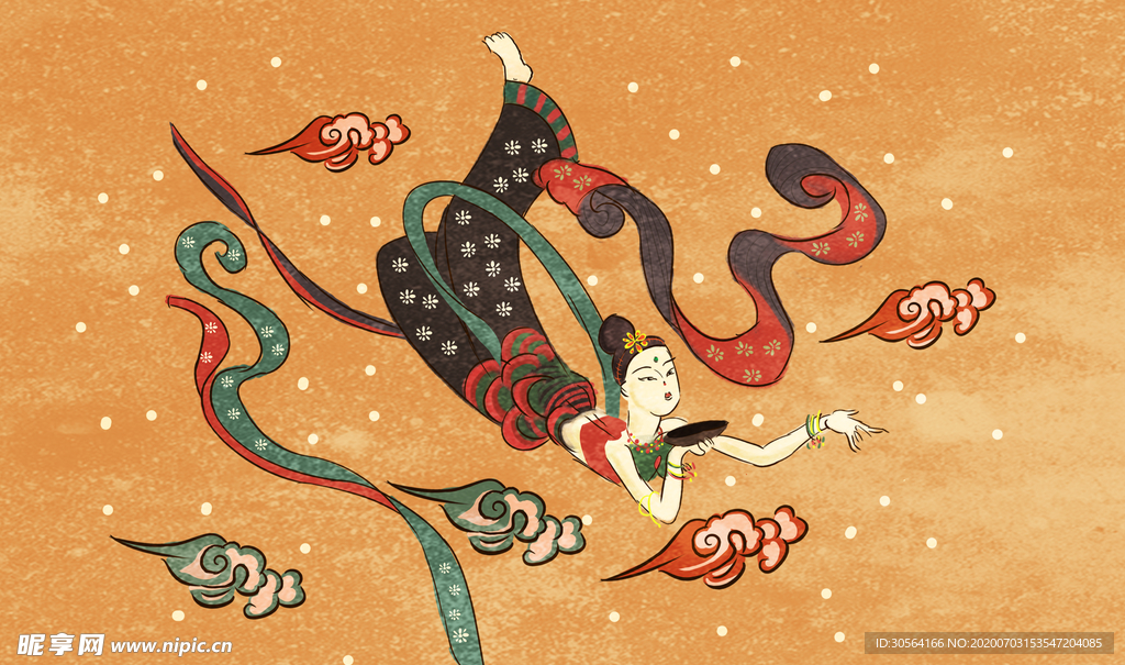 敦煌壁画仙女插画卡通复古背景