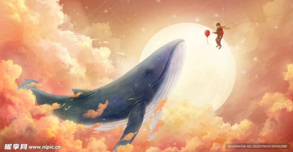 鲸鱼天空梦幻插画卡通背景