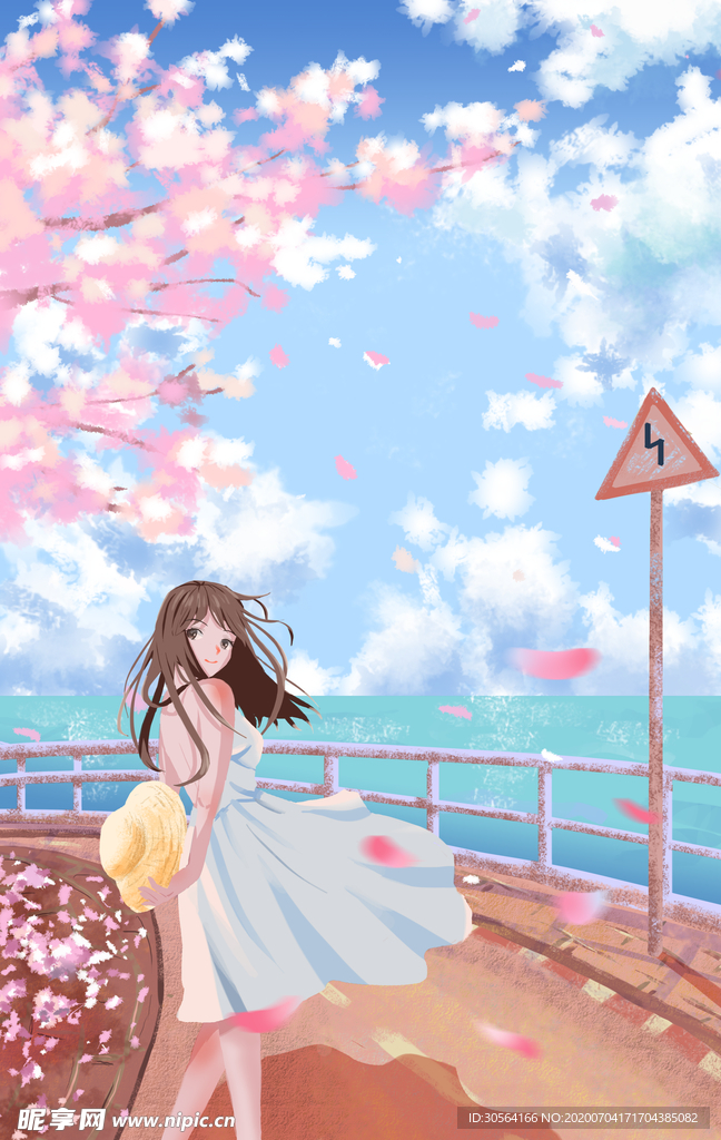 樱花少女海边清新插画背景