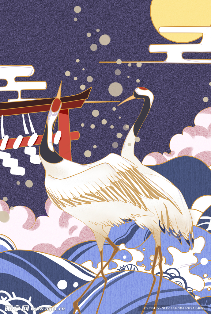 仙鹤浮世绘传统国风插画背景