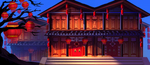 木屋夜晚灯笼国风插画卡通背景