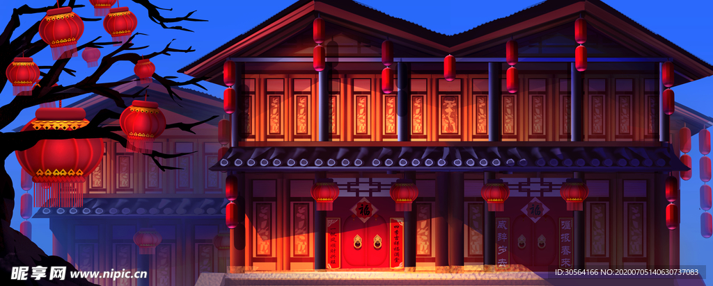木屋夜晚灯笼国风插画卡通背景