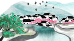 山水小镇古风清新插画卡通背景