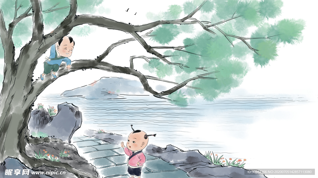 爬树玩耍儿童国风插画卡通背景