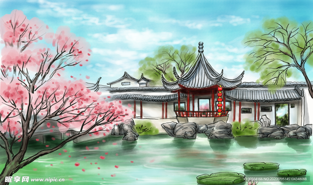 凉亭桃花山水清新插画背景素材