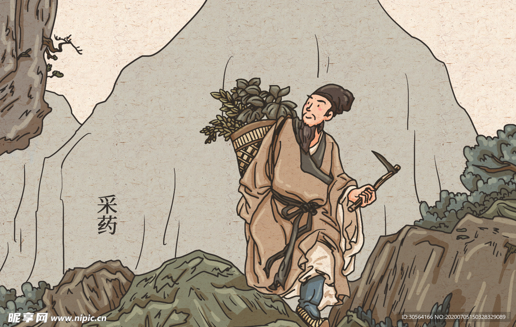 采药古风国风人物插画背景素材