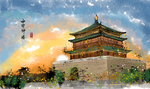 西安钟楼景点国风插画背景素材