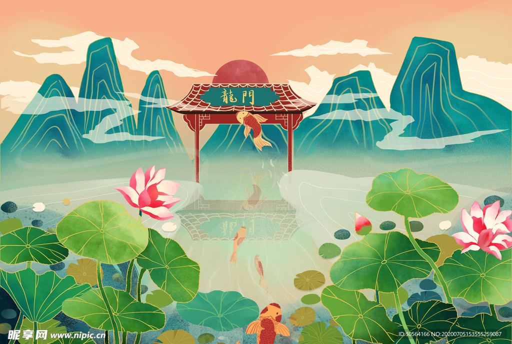 龙门锦鲤荷花古风插画卡通背景