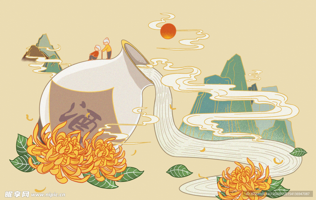 重阳节菊花白酒传统插画卡通背景
