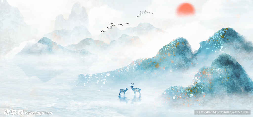 山水国风古风水彩插画卡通背景