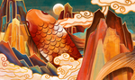 锦鲤山脉山水色彩插画卡通背景