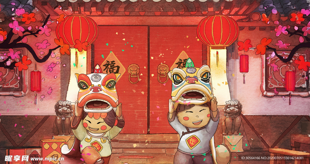 新年舞狮春节人物插画卡通背景