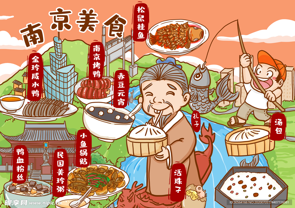 南京美食传统人物插画卡通背景