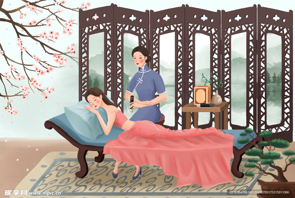 民国艾灸女性人物插画卡通背景