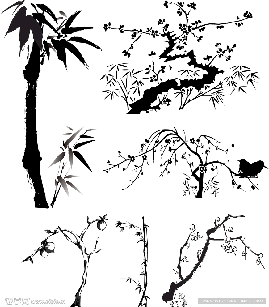 中国风水墨植物矢量素材
