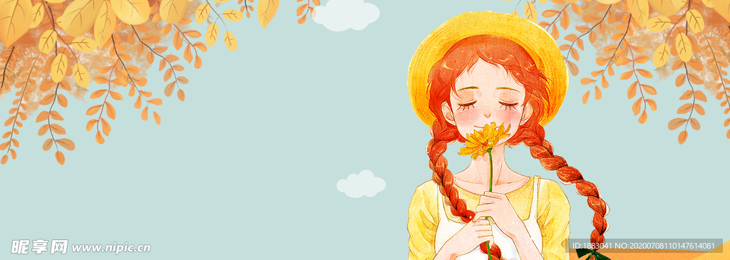 插画 女孩 秋天 高清 云彩