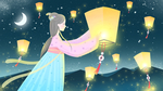 下元节古风少女放孔明灯插画