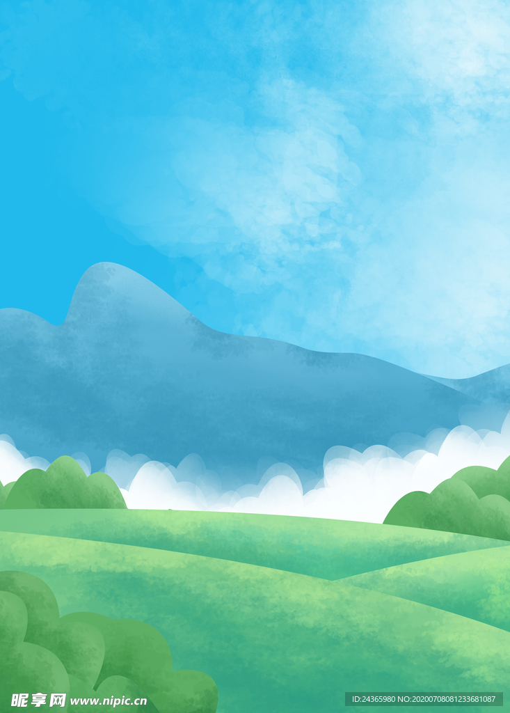 夏季扁平插画远山田园背景