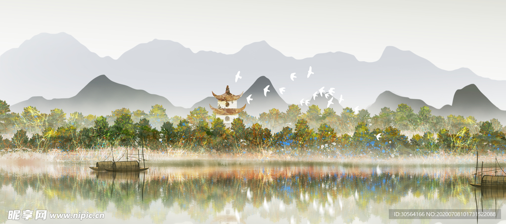 山水古风水彩传统插画背景
