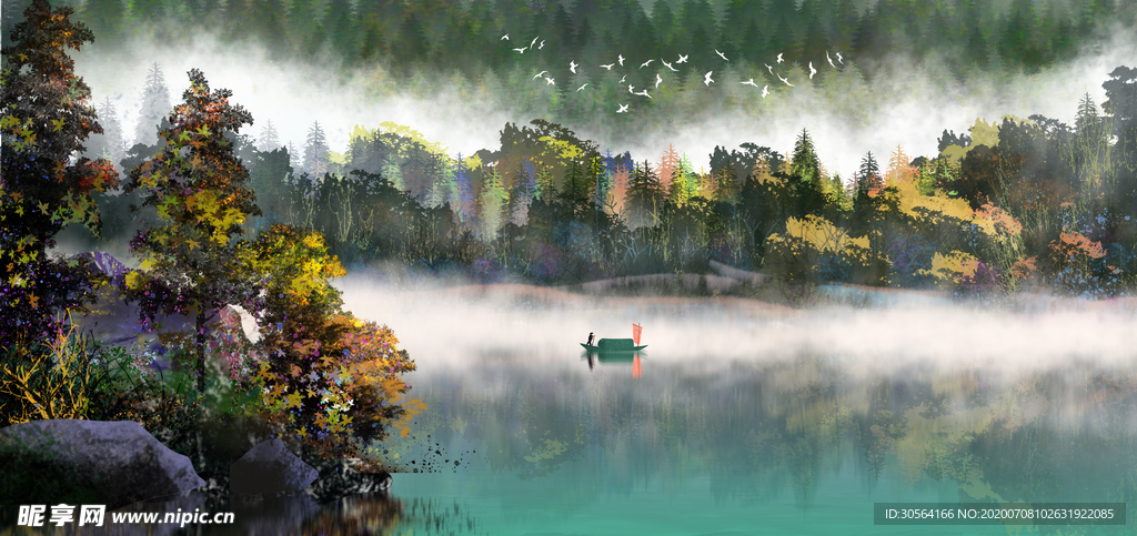 山水古风水彩传统插画背景